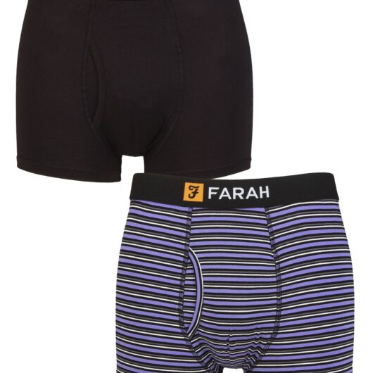 Mens 2 Pack Farah Classic Striped and Plain Bamboo Keyhole Trunks Stripe Black / Purple XL