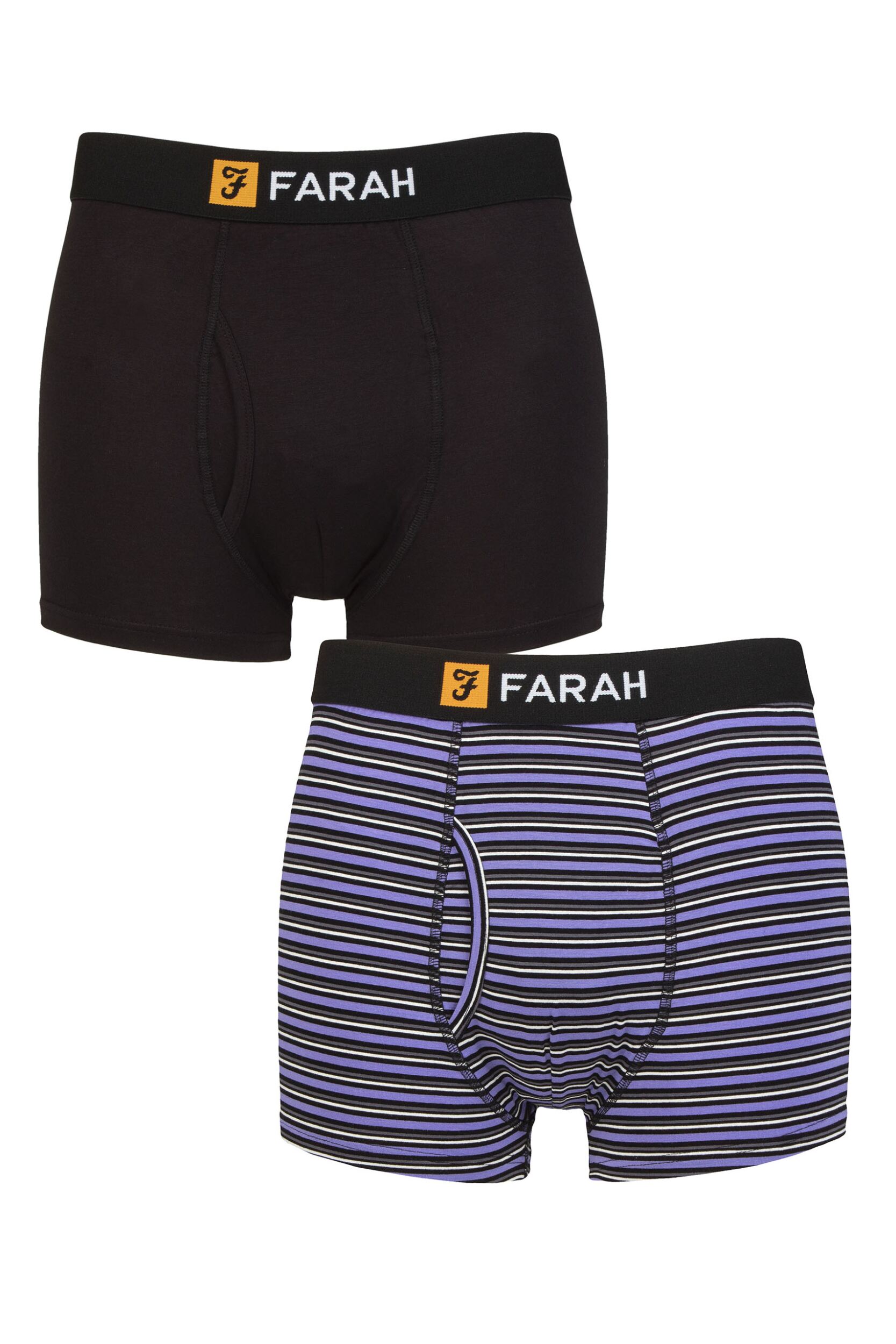 Mens 2 Pack Farah Classic Striped and Plain Bamboo Keyhole Trunks Stripe Black / Purple XL