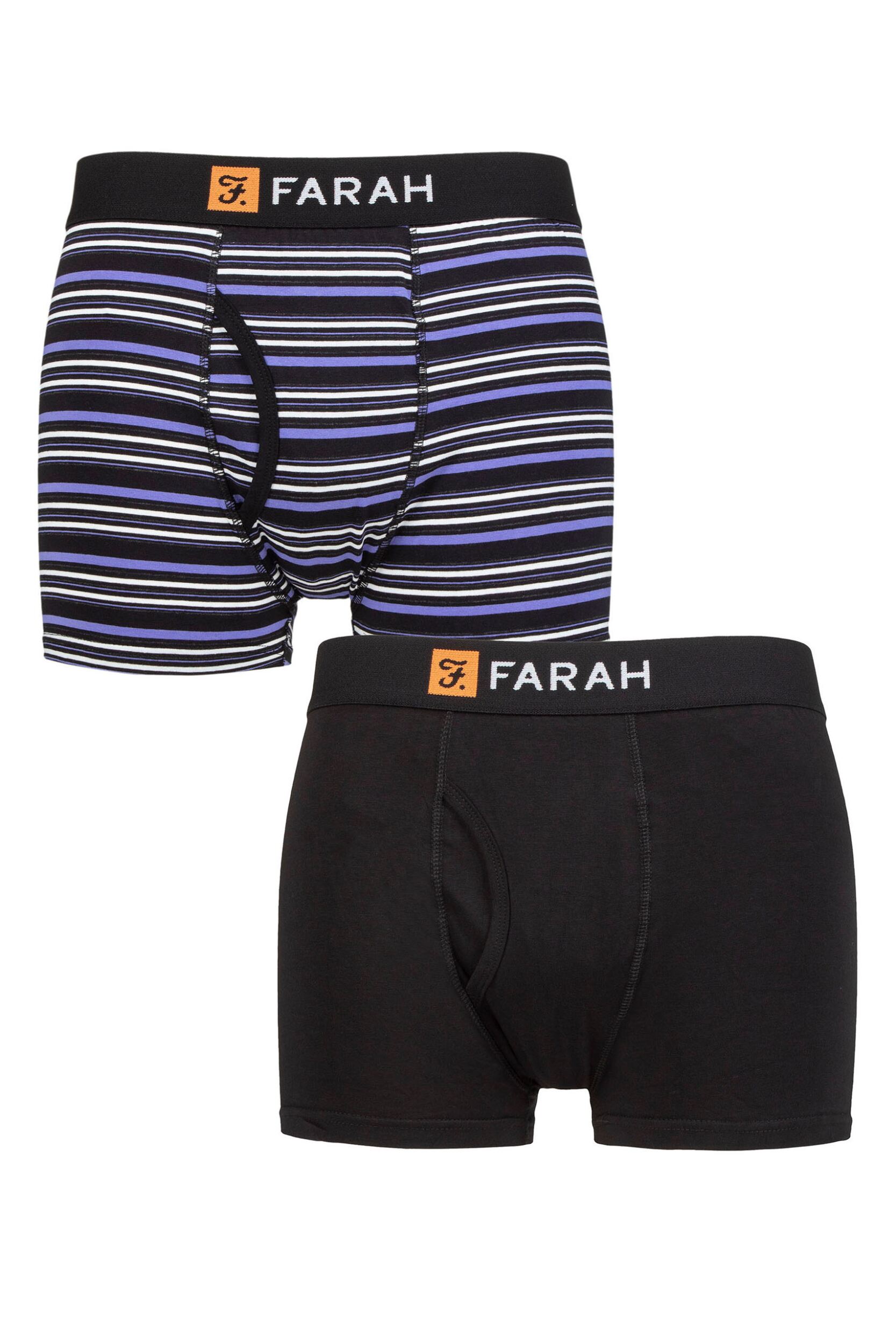 Mens 2 Pack Farah Plain and Striped Cotton Classic Keyhole Trunks Black / Purple L
