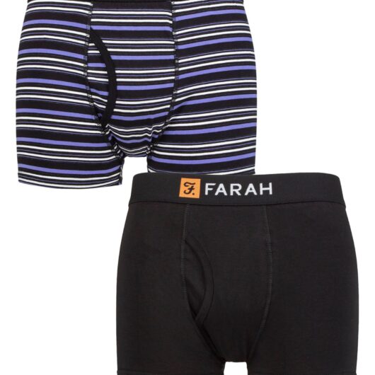 Mens 2 Pack Farah Plain and Striped Cotton Classic Keyhole Trunks Black / Purple XXL