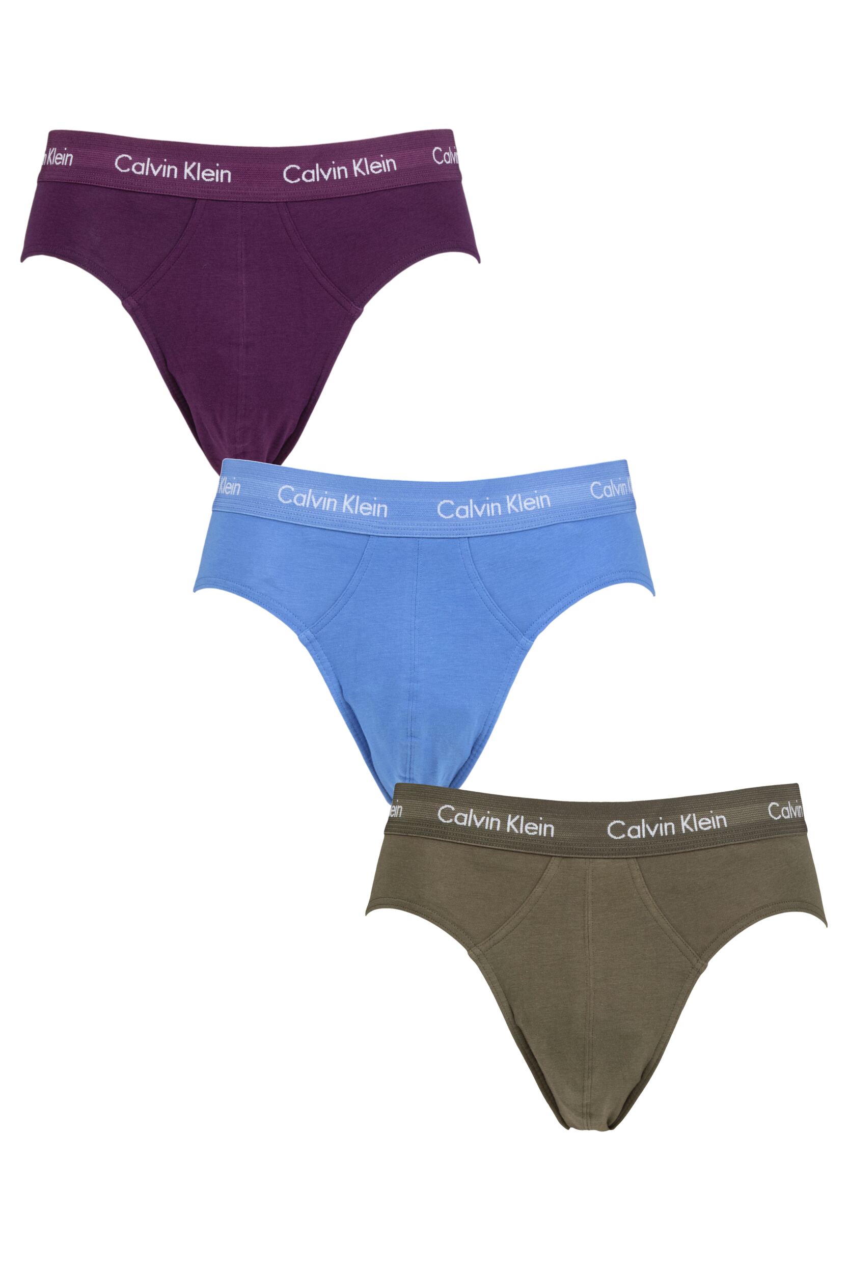 Mens 3 Pack Calvin Klein Cotton Stretch Hip Briefs Cheshire Purple / Active Blue / Army L
