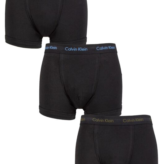 Mens 3 Pack Calvin Klein Cotton Stretch Trunks Purple / Active Blue / Army Logo S