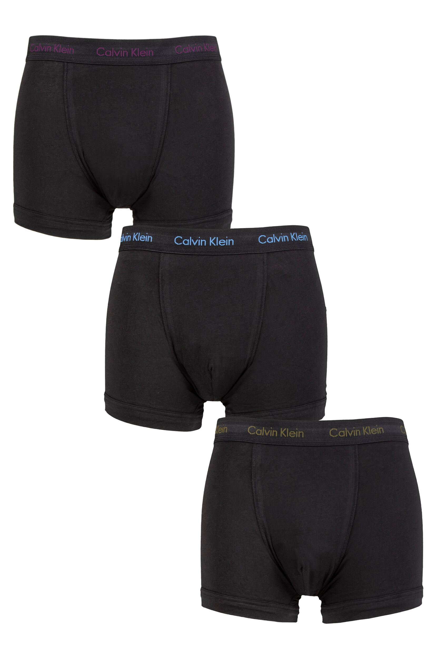 Mens 3 Pack Calvin Klein Cotton Stretch Trunks Purple / Active Blue / Army Logo XL