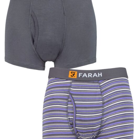 Mens 2 Pack Farah Classic Striped and Plain Bamboo Keyhole Trunks Charcoal/Purple S