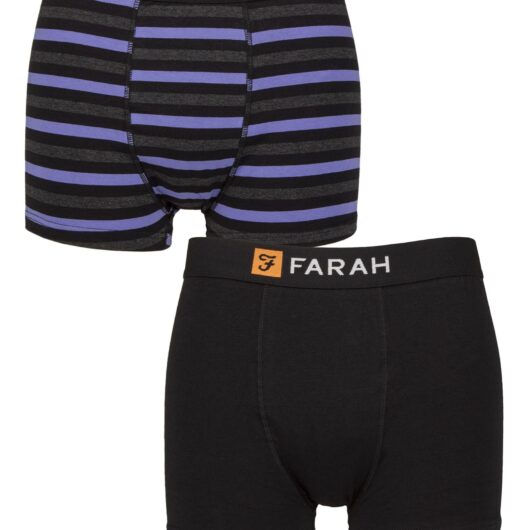 Mens 2 Pack Farah Plain and Striped Cotton Classic Fitted Trunks Stripe Black / Purple L