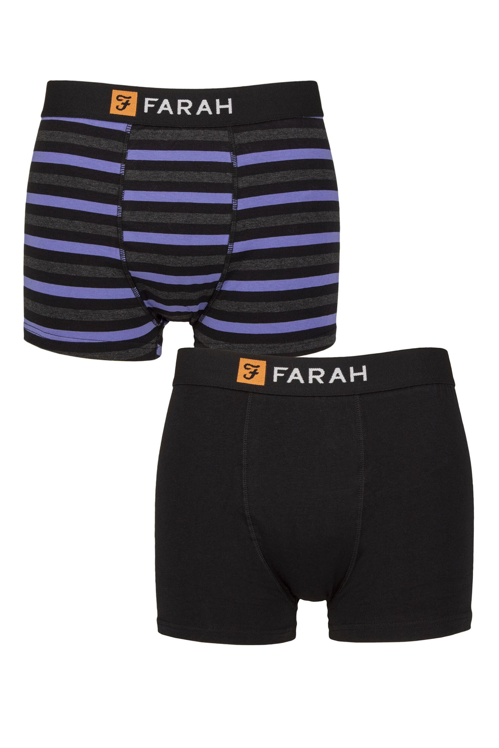 Mens 2 Pack Farah Plain and Striped Cotton Classic Fitted Trunks Stripe Black / Purple XXL