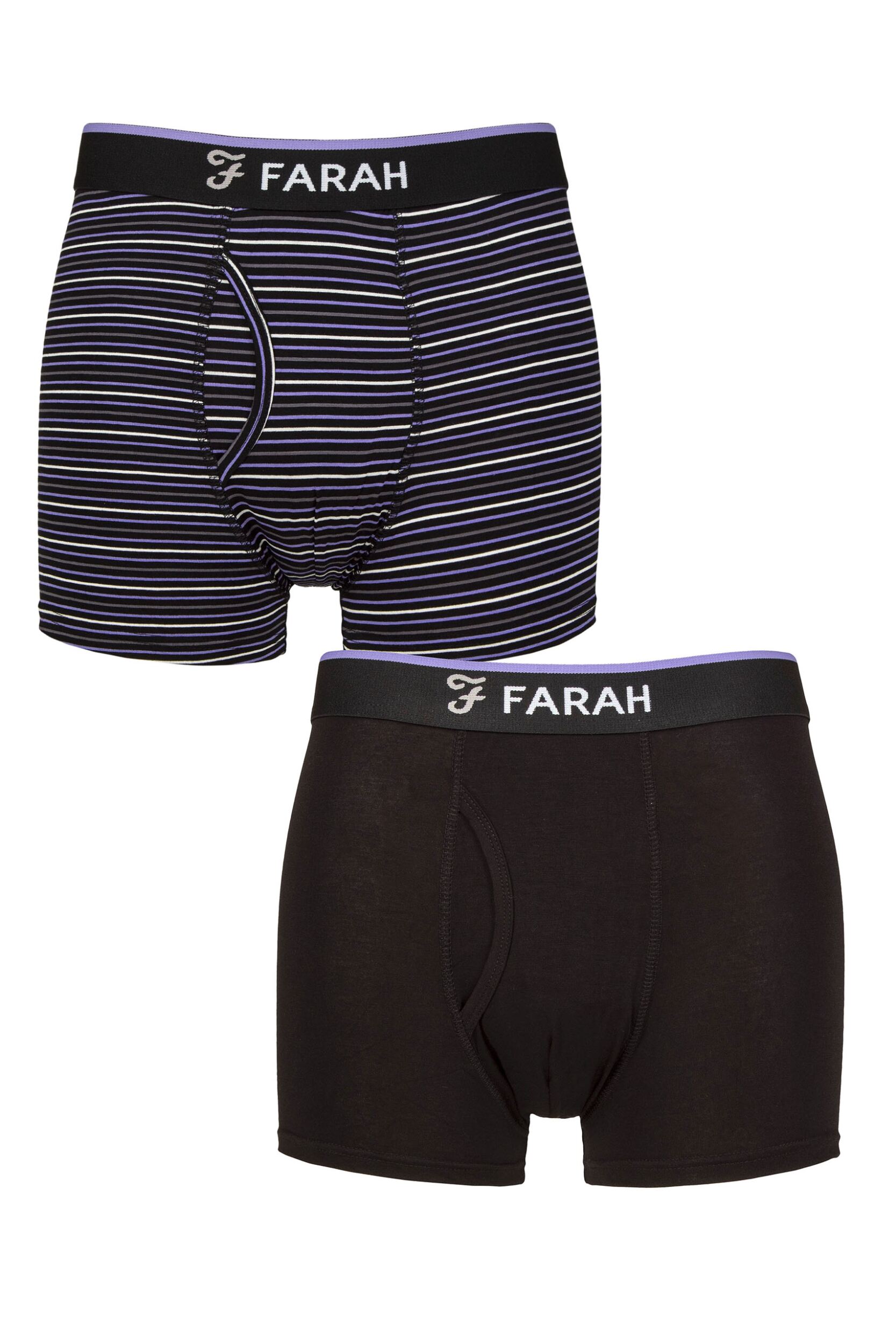 Mens 2 Pair Farah Plain and Stripe Bamboo Keyhole Trunks Stripe Black / Purple XXL