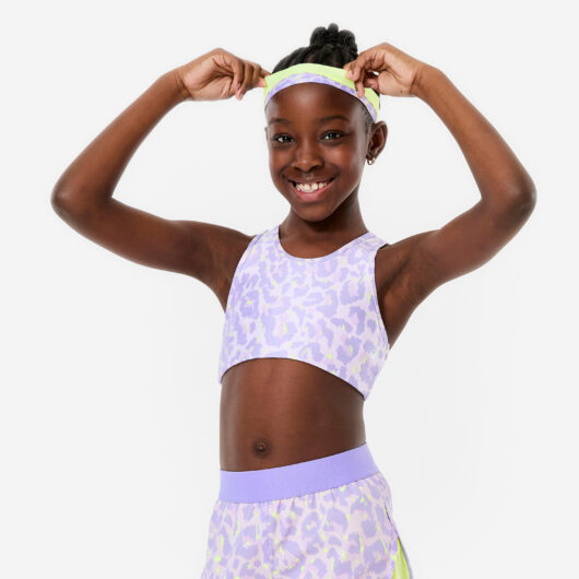 Girls Breathable Sports Bra - Light Purple Leopard Print/neon Yellow